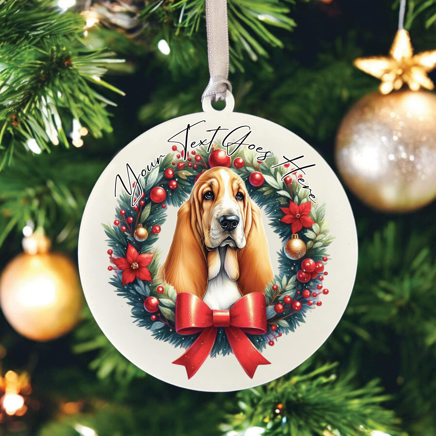 Personalised Basset Hound Dog Christmas Wreath - Hanging Bauble Decoration