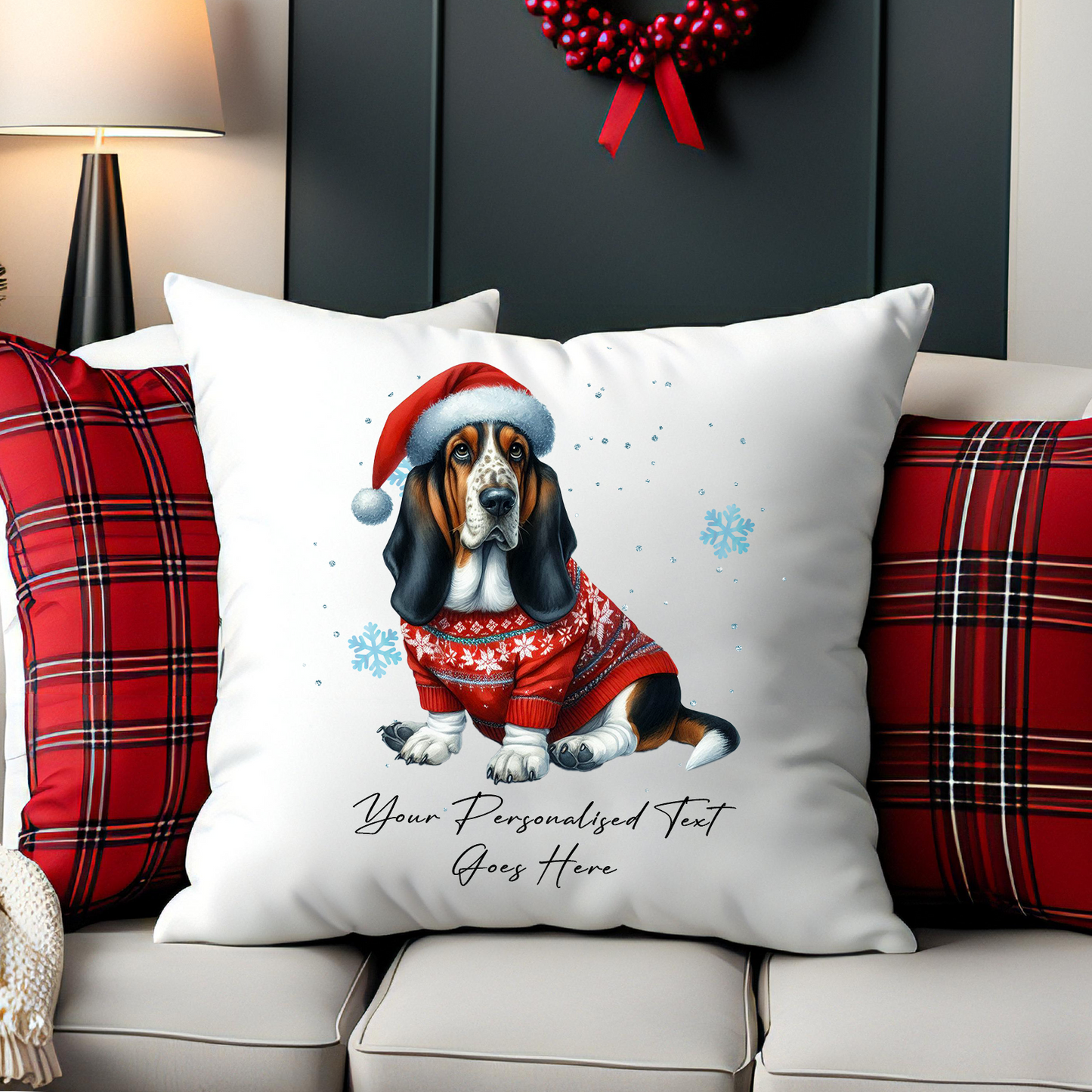 Personalised Basset Hound Dog Christmas jumper Cushion Cover Gift