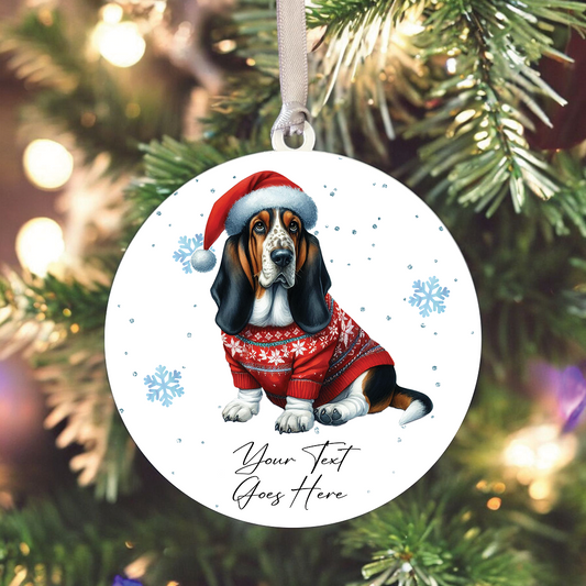 A Personalised Basset Hound Christmas Jumper Dog Hanging Bauble Decoration