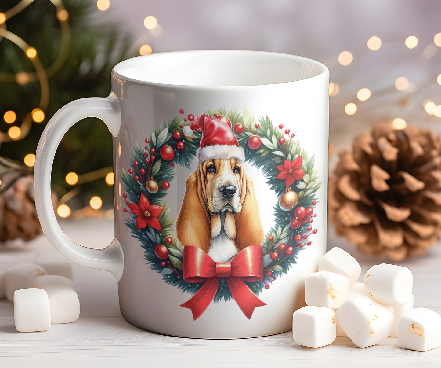 Personalised Basset Hound Dog Christmas Wreath Gift Mug