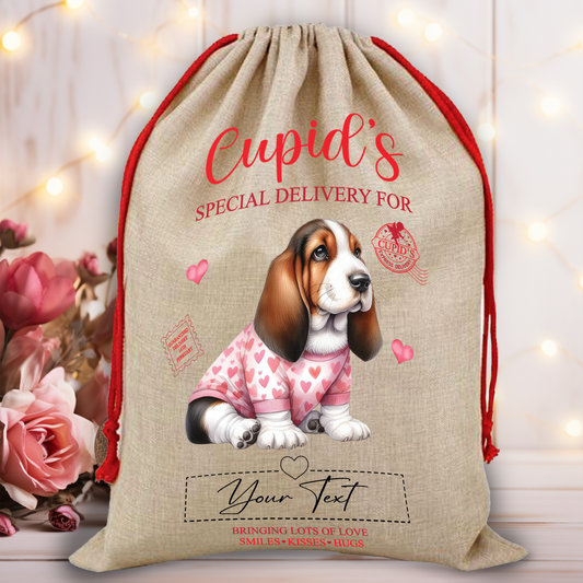 Personalised Dog Love Heart Valentine Anniversary Gift Sack - Basset Hound