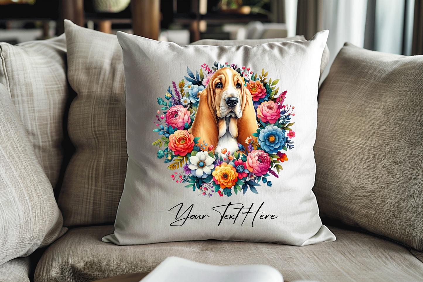 Personalised Floral Summer Pet Dog Wreath with Basset Hound - Keepsake Gift Cushion, by Floppsie Moppsie – floppsiemoppsie at floppsiemoppsie.co.uk