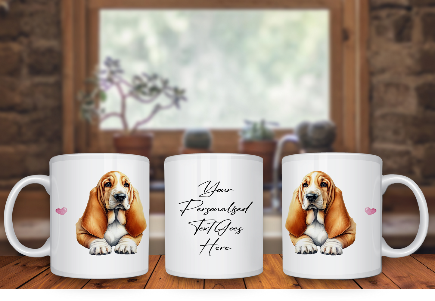 Personalised Dog Gift Mug - Basset Hound with Custom Message and Optional Hearts