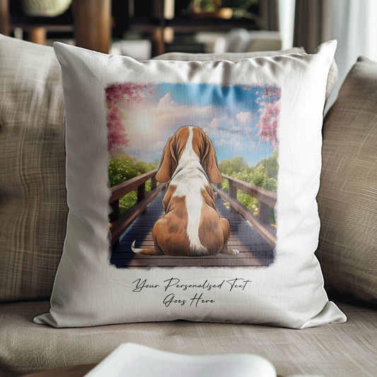 Personalised Bassett Hound – Looking out across a Bridge Pet Gift Cushion, by Floppsie Moppsie – floppsiemoppsie at floppsiemoppsie.co.uk