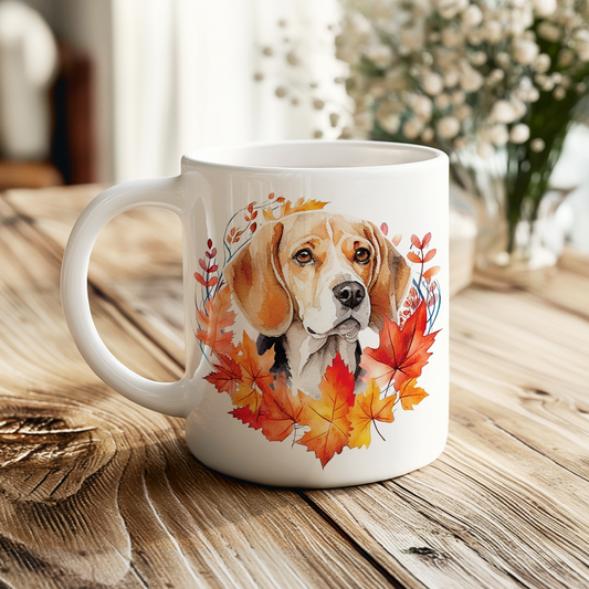 Personalised Beagle in an Autumn wreath - Keepsake Mug, ideal gift for Birthday and Christmas Gift, by Floppsie Moppsie – floppsiemoppsie at floppsiemoppsie.co.uk