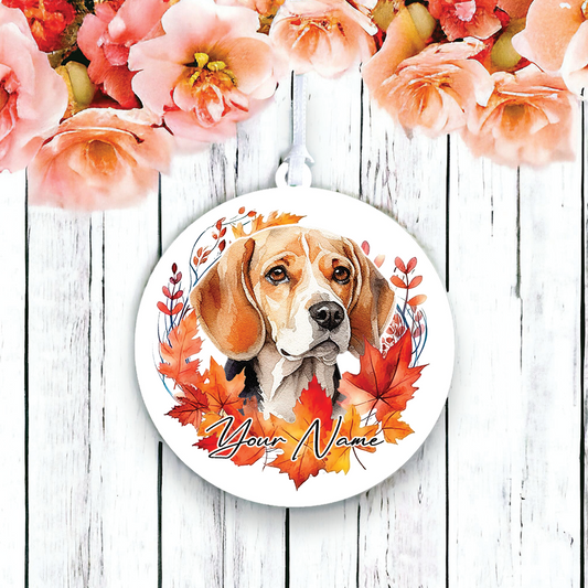 Personalised Dog Beagle in an autumn wreath - Keepsake Gift Hanging Decoration, by Floppsie Moppsie – floppsiemoppsie at floppsiemoppsie.co.uk