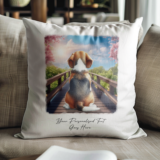 Personalised Beagle – Looking out across a Bridge Pet Gift Cushion, by Floppsie Moppsie – floppsiemoppsie at floppsiemoppsie.co.uk