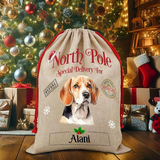 Personalised Dog Beagle – North Pole Special Delivery Santa Sack Pet Gift, by Floppsie Moppsie – floppsiemoppsie at floppsiemoppsie.co.uk