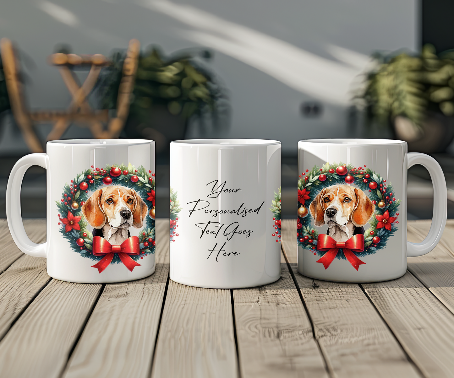 Personalised Beagle Dog Christmas Wreath Gift Mug