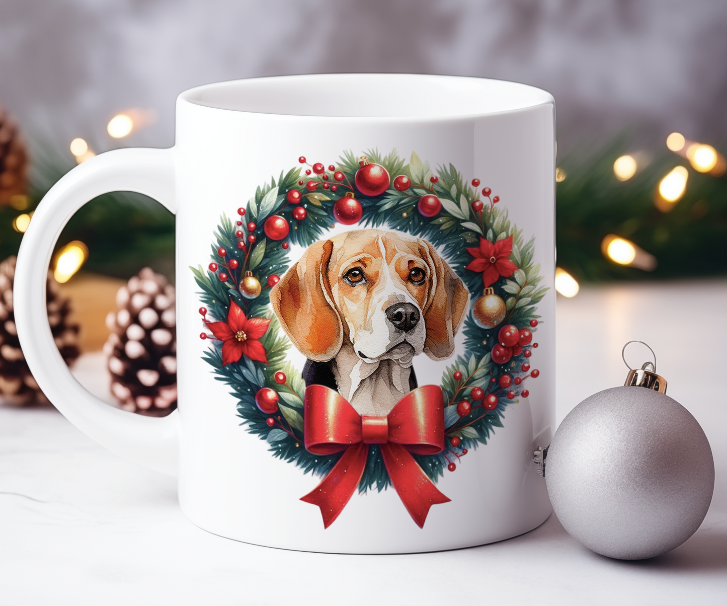 Personalised Beagle Dog Christmas Wreath Gift Mug