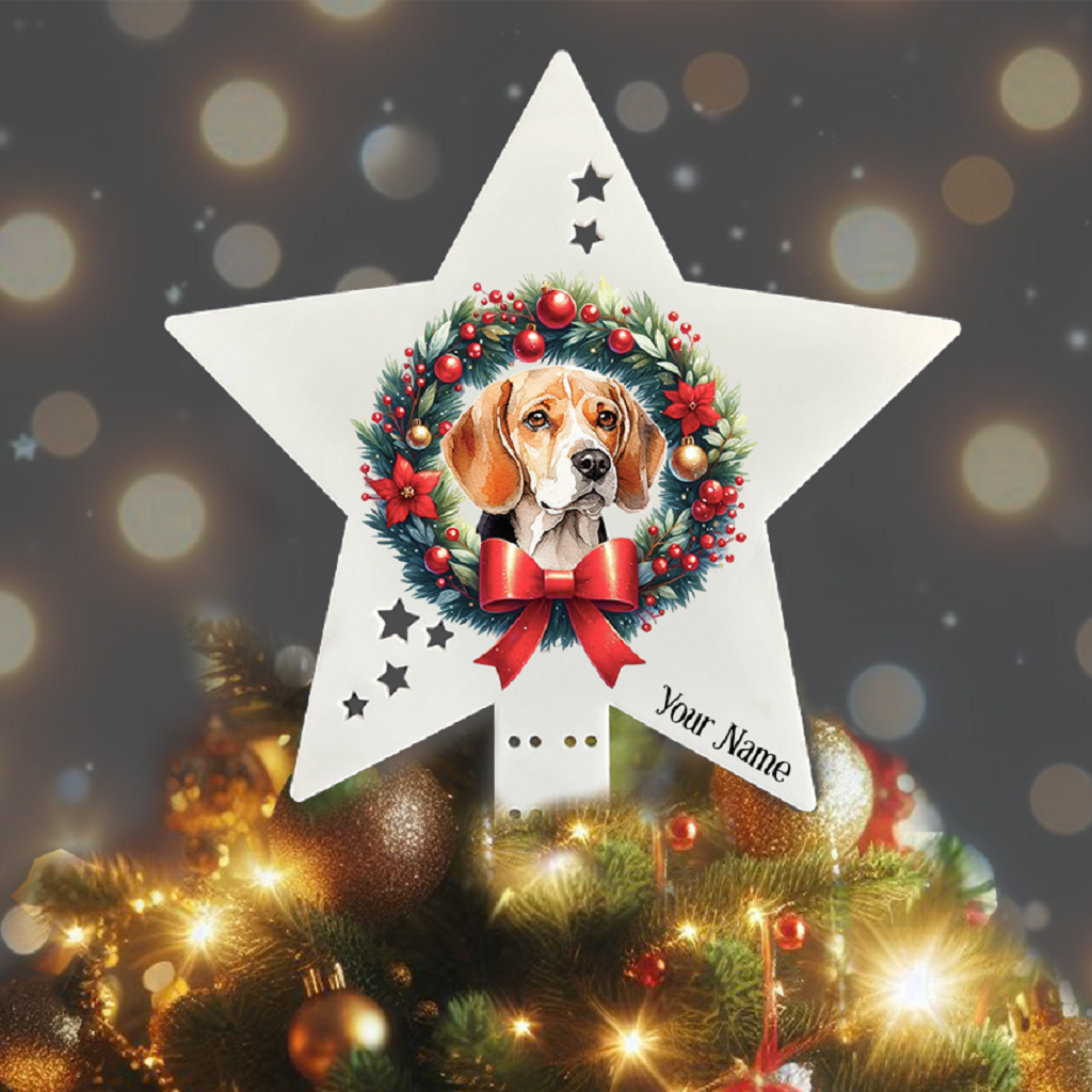 Personalised Pet Dog Beagle wreath Christmas Tree Topper - Keepsake Gift, by Floppsie Moppsie – floppsiemoppsie at floppsiemoppsie.co.uk