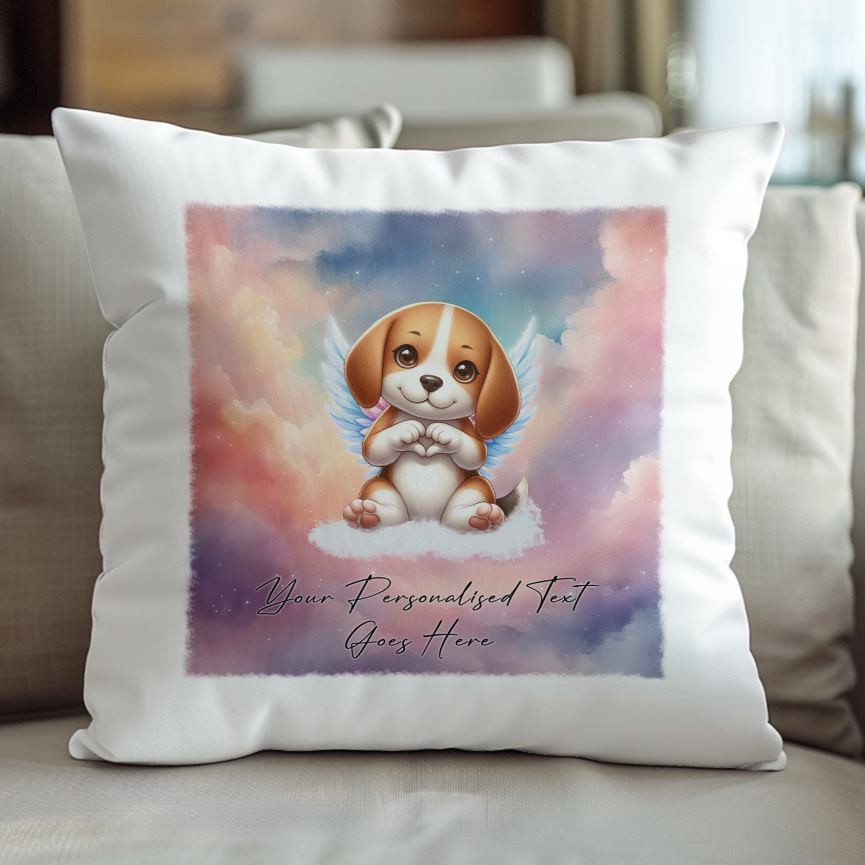 Personalised Dog Memorial Mug of Beagle with wings in clouds making a heart sign - Keepsake Gift Cushion, by Floppsie Moppsie – floppsiemoppsie at floppsiemoppsie.co.uk