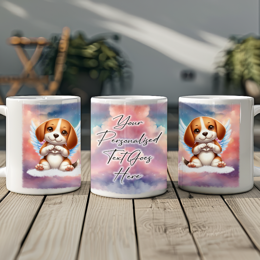 Personalised Dog Memorial Mug of Beagle with wings in clouds making a heart sign - Keepsake Gift Mug, by Floppsie Moppsie – floppsiemoppsie at floppsiemoppsie.co.uk