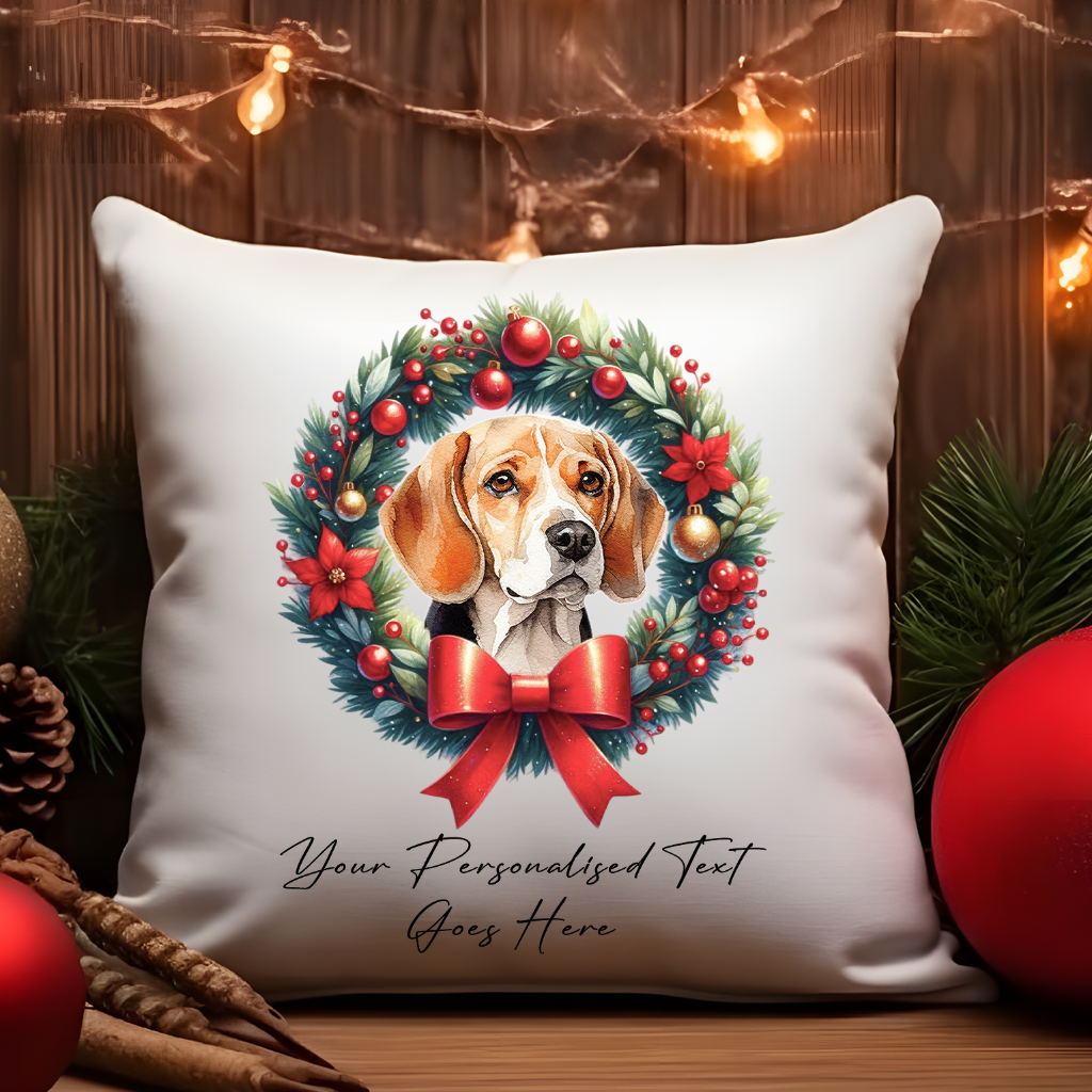 Personalised Beagle in a Christmas wreath - Keepsake Gift cushion, by Floppsie Moppsie – floppsiemoppsie at floppsiemoppsie.co.uk