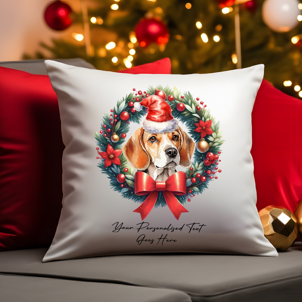 Personalised Beagle with Santa hat in a Christmas wreath - Keepsake Gift cushion, by Floppsie Moppsie – floppsiemoppsie at floppsiemoppsie.co.uk