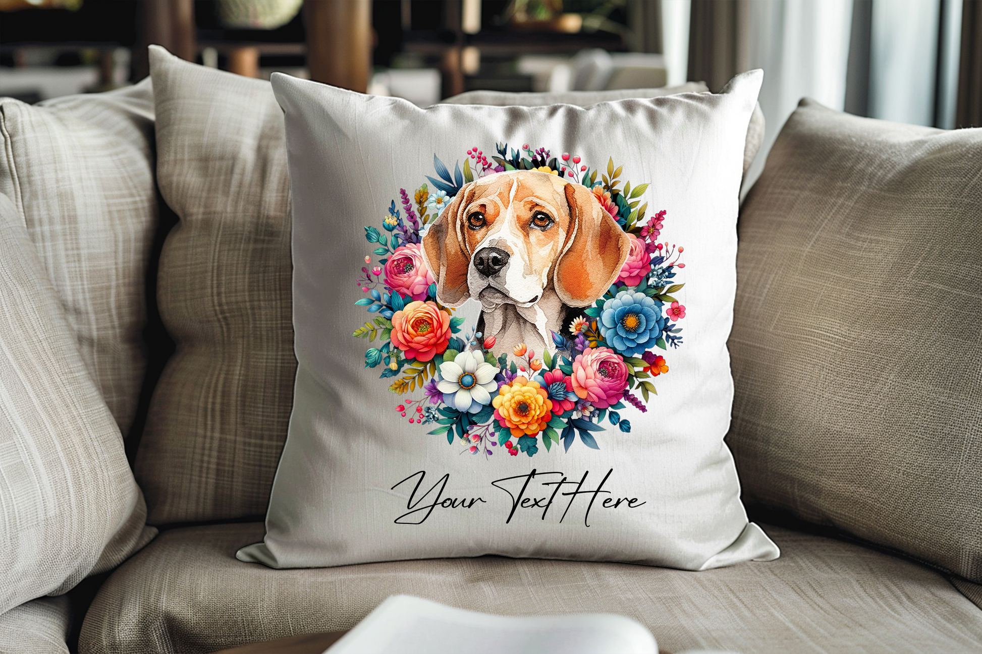 Personalised Floral Summer Pet Dog Wreath with Beagle - Keepsake Gift Cushion, by Floppsie Moppsie – floppsiemoppsie at floppsiemoppsie.co.uk