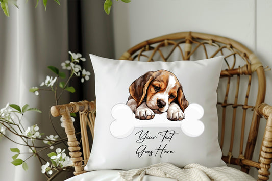 Personalised Beagle sleeping on a bone Pet Dog Keepsake Gift Cushion, by Floppsie Moppsie – floppsiemoppsie at floppsiemoppsie.co.uk