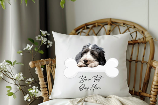 Personalised Bearded Collie sleeping on a bone Pet Dog Keepsake Gift Cushion, by Floppsie Moppsie – floppsiemoppsie at floppsiemoppsie.co.uk