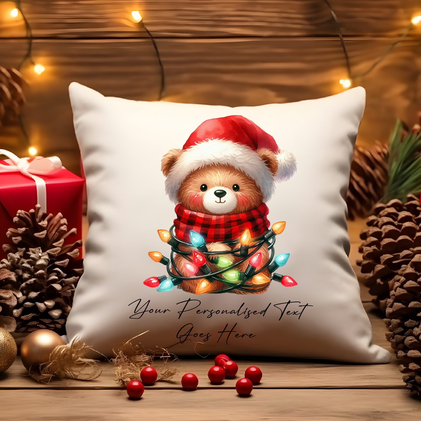 Personalised Bear wrapped in Christmas Lights Cushion Cover Gift - Style A