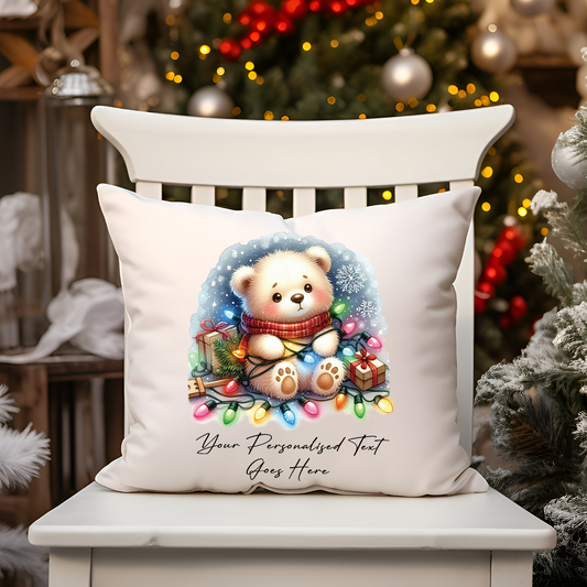 Personalised Bear wrapped in Christmas Lights Cushion Cover Gift - Style B