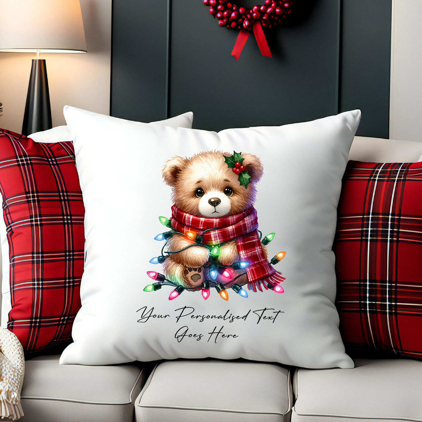 Personalised Bear wrapped in Christmas Lights Cushion Cover Gift - Style C