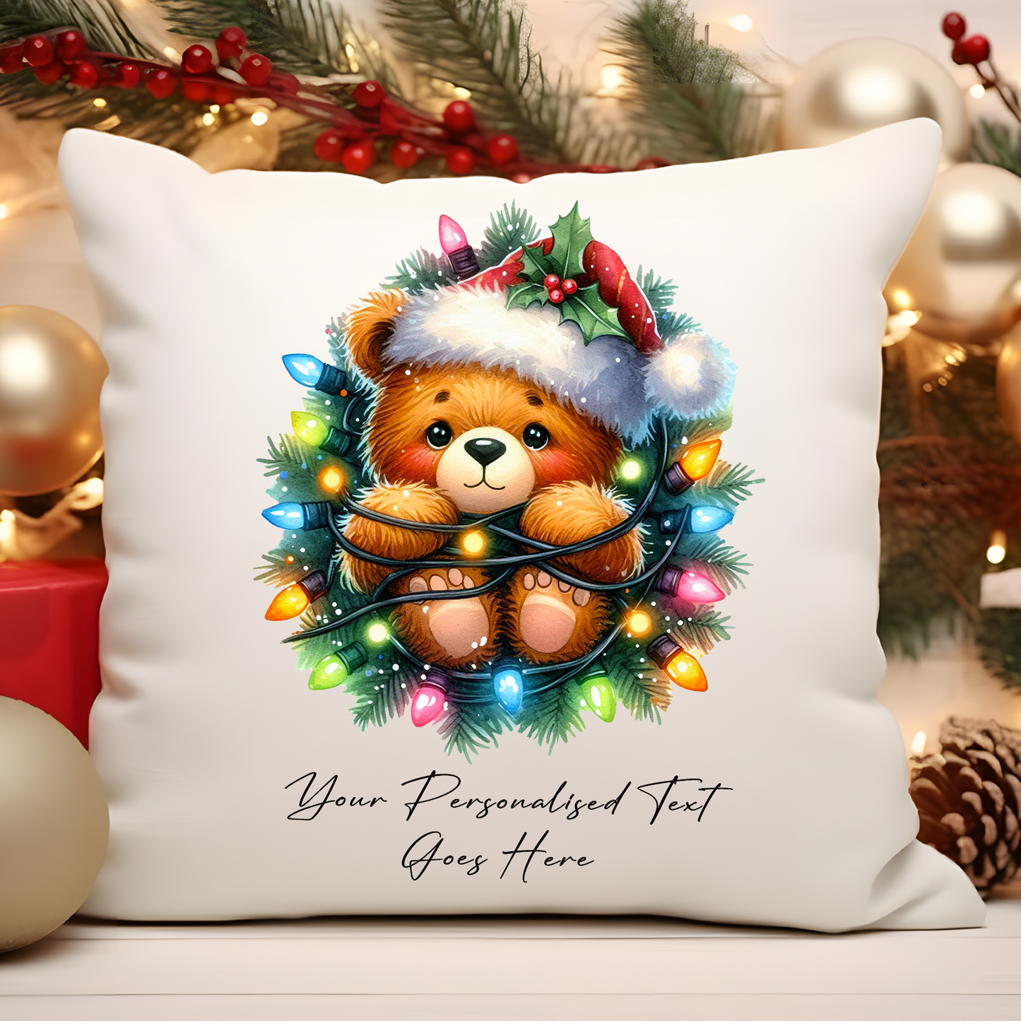 Personalised Bear wrapped in Christmas Lights Cushion Cover Gift - Style D