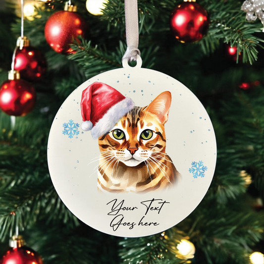 Personalised Christmas Bengal in Santa Hat - Hanging Cat Bauble Decoration