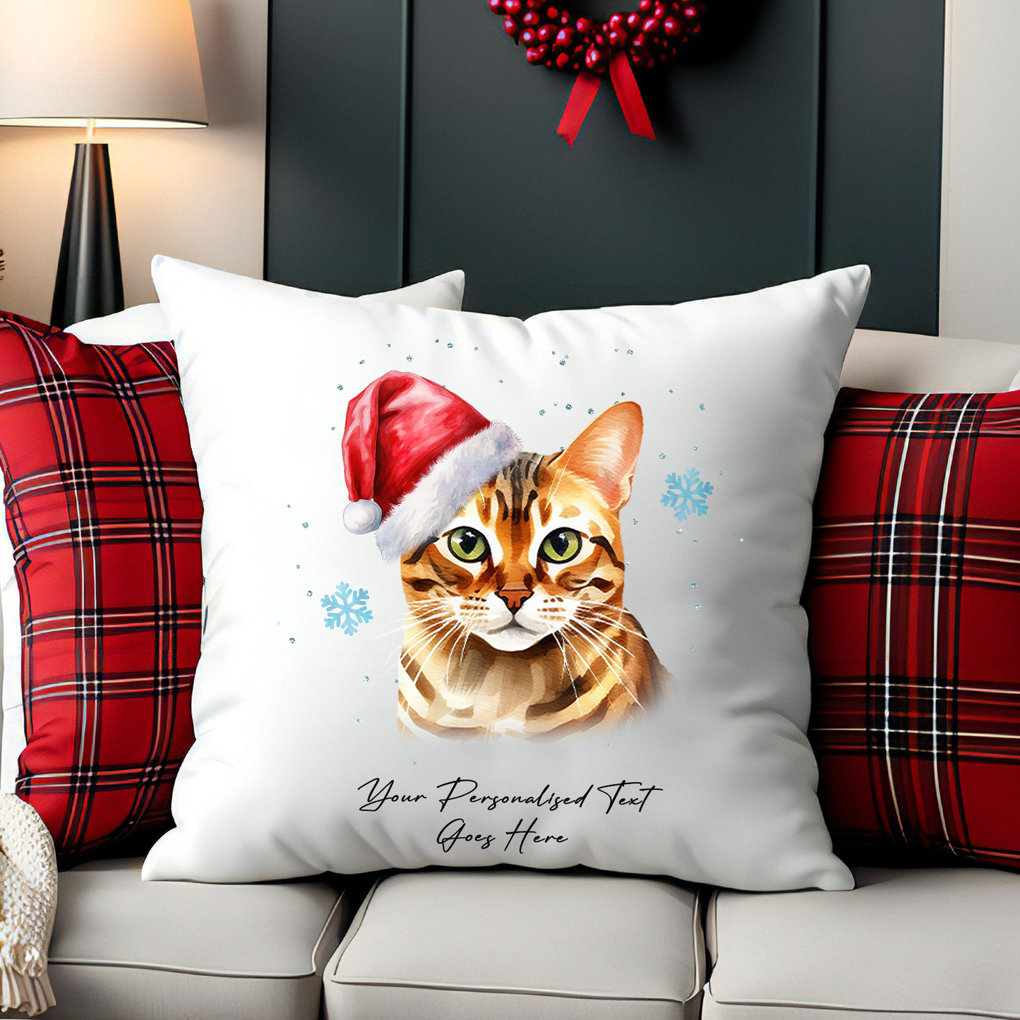 Personalised Cat Christmas Bengal in Santa Hat - Cushion Cover Gift