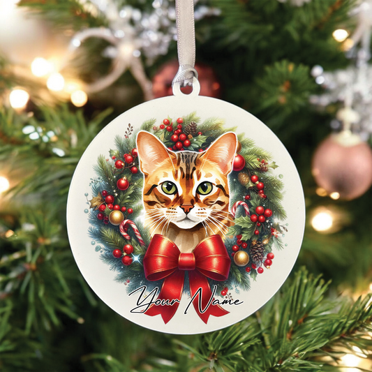 Personalised Bengal Cat Christmas Wreath - Hanging Bauble Decoration