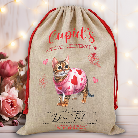 Personalised Cat Love Heart Valentine Anniversary Gift Sack - Bengal