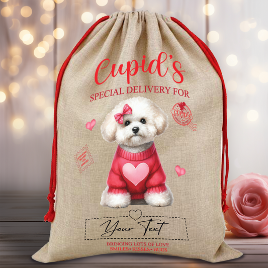 Personalised Dog Love Heart Valentine Anniversary Gift Sack - Bichon Frise