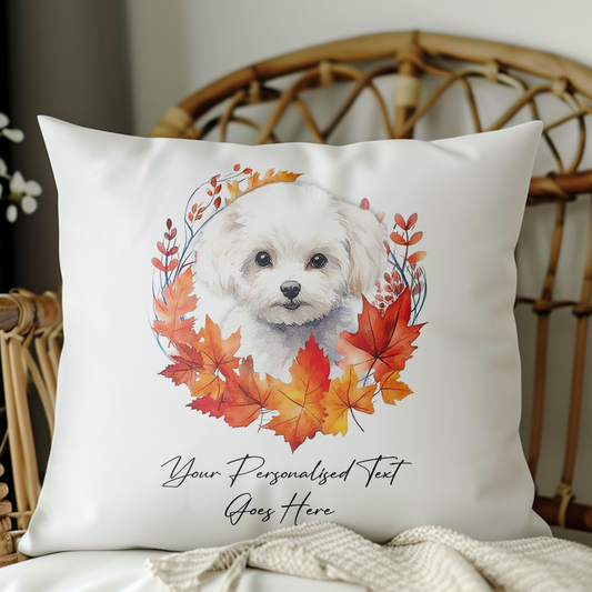 Personalised Bichon Frise in an Autumn wreath - Keepsake Gift cushion, by Floppsie Moppsie – floppsiemoppsie at floppsiemoppsie.co.uk