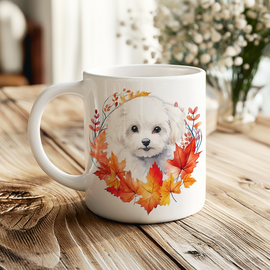 Personalised Bichon Frise in an Autumn wreath - Keepsake Mug, ideal gift for Birthday and Christmas Gift, by Floppsie Moppsie – floppsiemoppsie at floppsiemoppsie.co.uk