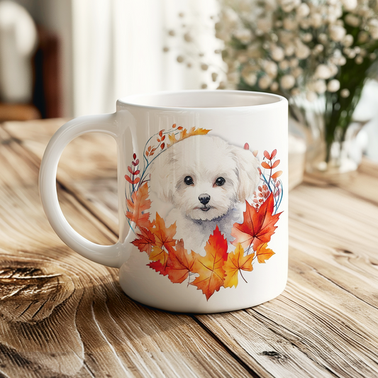 Personalised Bichon Frise in an Autumn wreath - Keepsake Mug, ideal gift for Birthday and Christmas Gift, by Floppsie Moppsie – floppsiemoppsie at floppsiemoppsie.co.uk