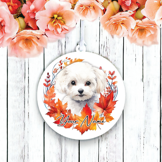 Personalised Dog Bichon Frise in an autumn wreath - Keepsake Gift Hanging Decoration, by Floppsie Moppsie – floppsiemoppsie at floppsiemoppsie.co.uk