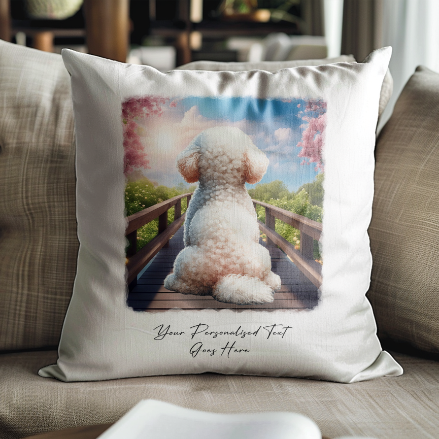 Personalised Bichon Frise – Looking out across a Bridge Pet Gift Cushion, by Floppsie Moppsie – floppsiemoppsie at floppsiemoppsie.co.uk