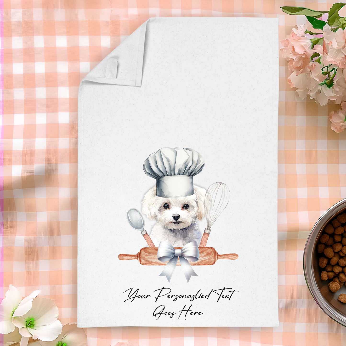 Personalised Dog In Chef Hat Gift Tea Towel - Bichon Frise