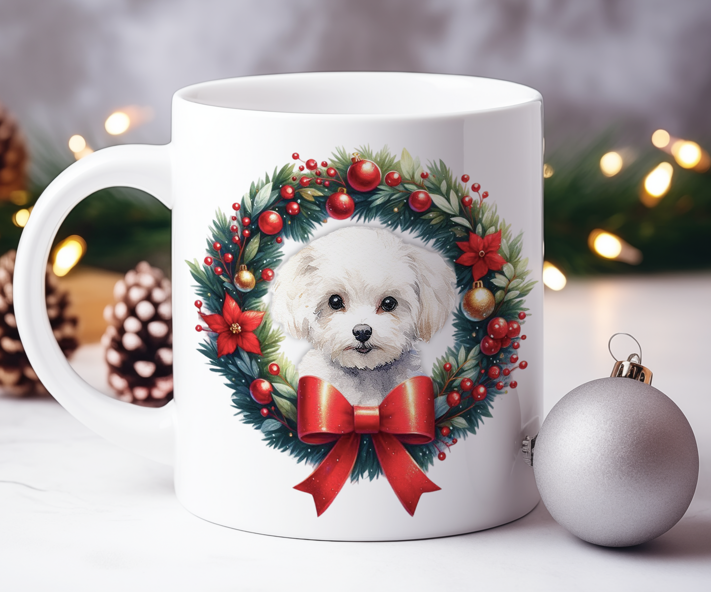 Personalised Bichon Frise Dog Christmas Wreath Gift Mug