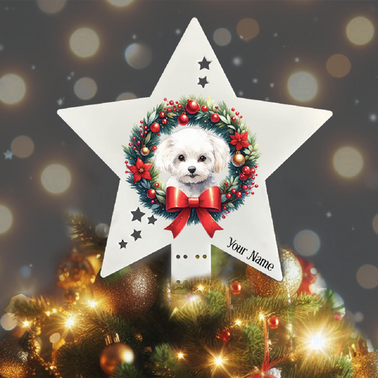 Personalised Pet Dog Bichon Frise wreath Christmas Tree Topper - Keepsake Gift, by Floppsie Moppsie – floppsiemoppsie at floppsiemoppsie.co.uk