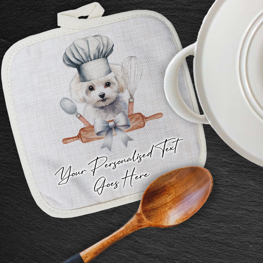 Personalised Dog In Chef Hat Gift Pot Holder / Grab - Bichon Frise