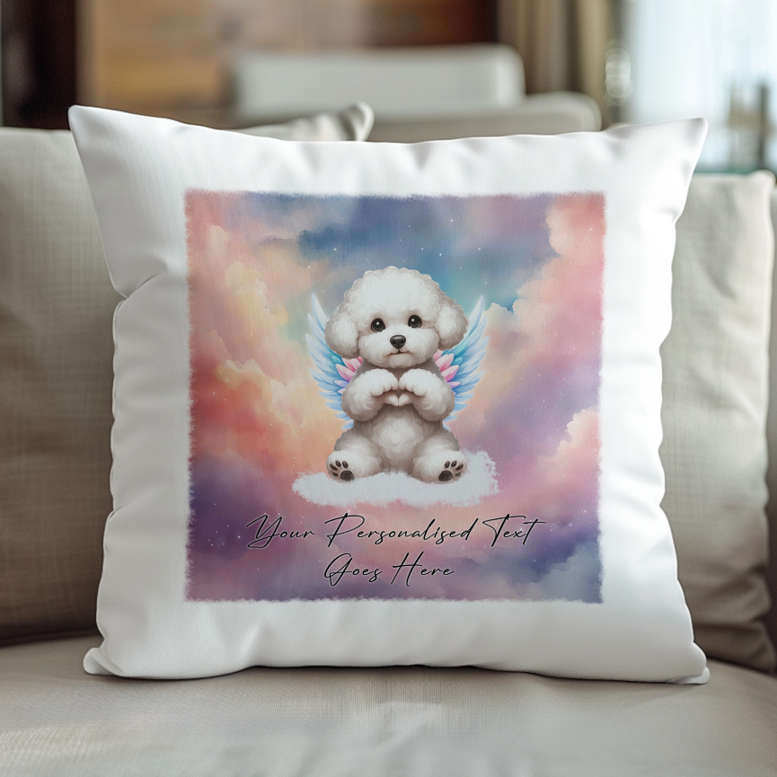 Personalised Dog Memorial Mug of Bichon Frise with wings in clouds making a heart sign - Keepsake Gift Cushion, by Floppsie Moppsie – floppsiemoppsie at floppsiemoppsie.co.uk