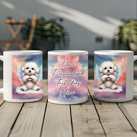 Personalised Dog Memorial Mug of Bichon Frise with wings in clouds making a heart sign - Keepsake Gift Mug, by Floppsie Moppsie – floppsiemoppsie at floppsiemoppsie.co.uk