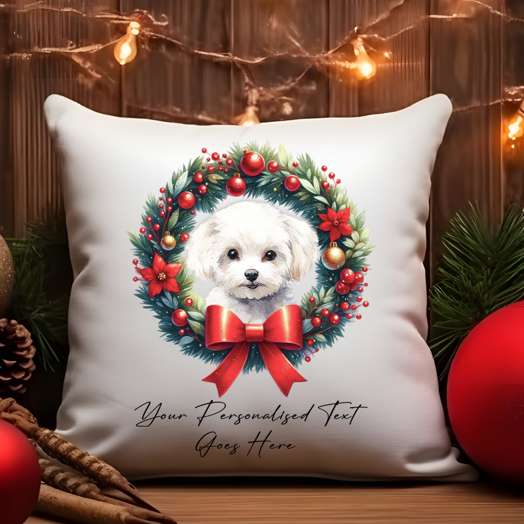 Personalised Bichon Frise in a Christmas wreath - Keepsake Gift cushion, by Floppsie Moppsie – floppsiemoppsie at floppsiemoppsie.co.uk