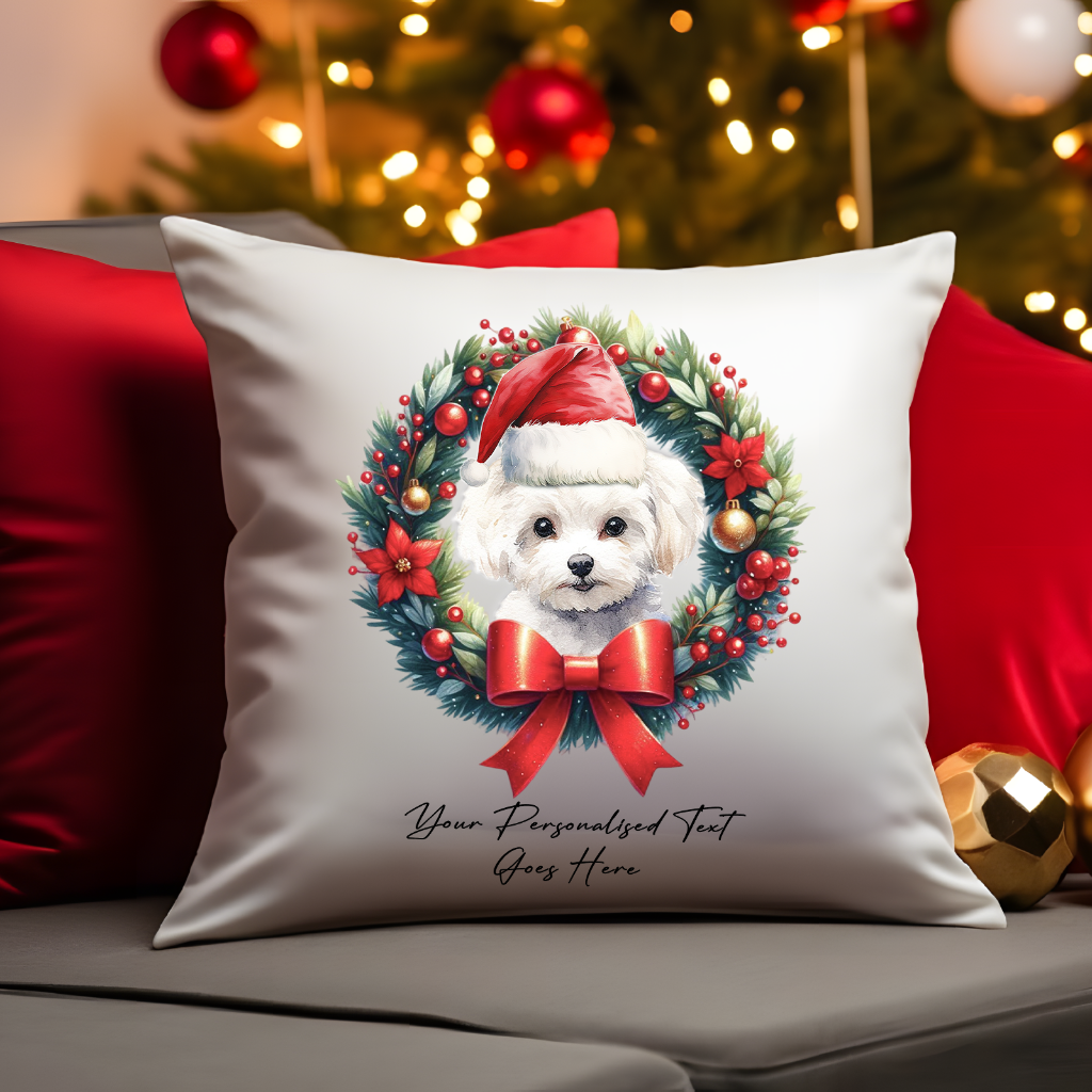 Personalised Bichon Frise with Santa hat in a Christmas wreath - Keepsake Gift cushion, by Floppsie Moppsie – floppsiemoppsie at floppsiemoppsie.co.uk