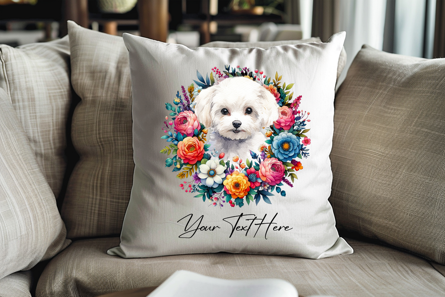 Personalised Floral Summer Pet Dog Wreath with Bichon Frise - Keepsake Gift Cushion, by Floppsie Moppsie – floppsiemoppsie at floppsiemoppsie.co.uk