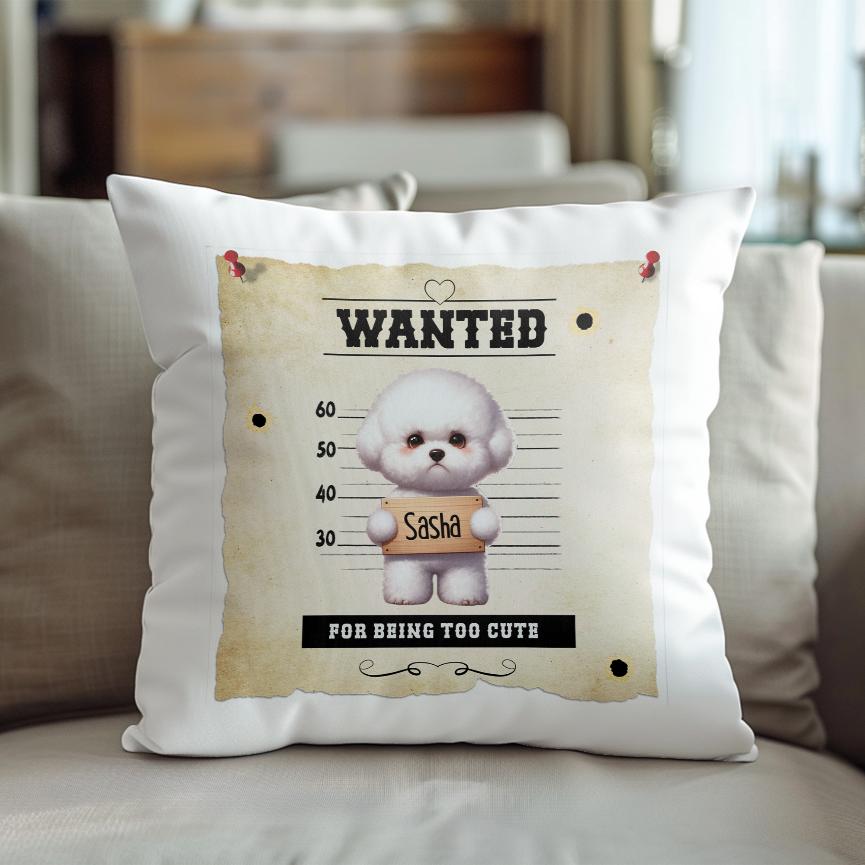 Personalised Dog WANTED Bichon Frise in a line-up - Keepsake Gift Cushion, by Floppsie Moppsie – floppsiemoppsie at floppsiemoppsie.co.uk