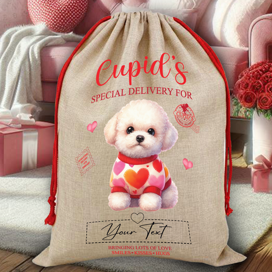 Personalised Dog Love Heart Valentine Anniversary Gift Sack - Bichon Frise B