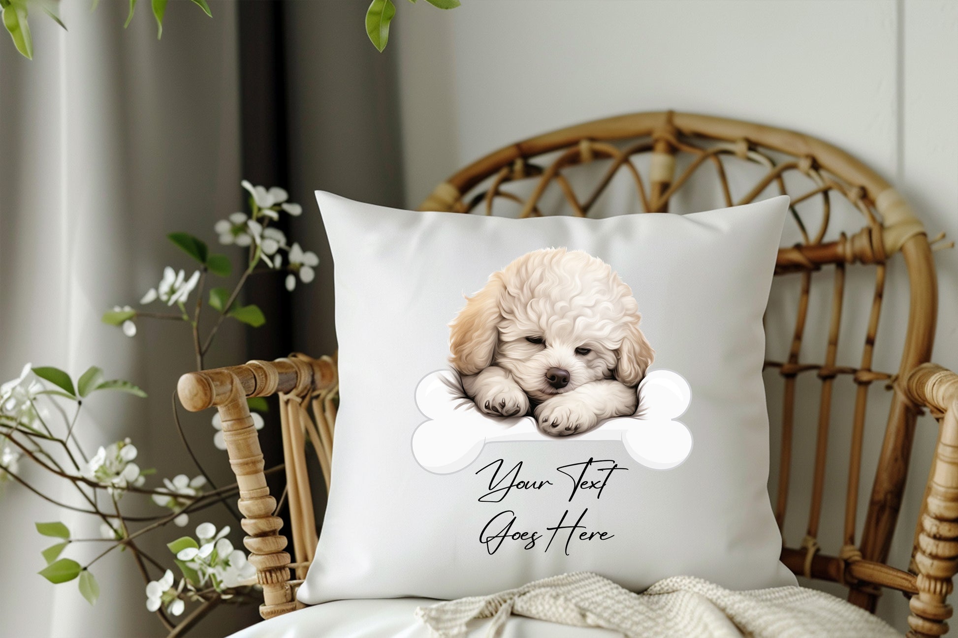 Personalised Bichon Freis sleeping on a bone Pet Dog Keepsake Gift Cushion, by Floppsie Moppsie – floppsiemoppsie at floppsiemoppsie.co.uk