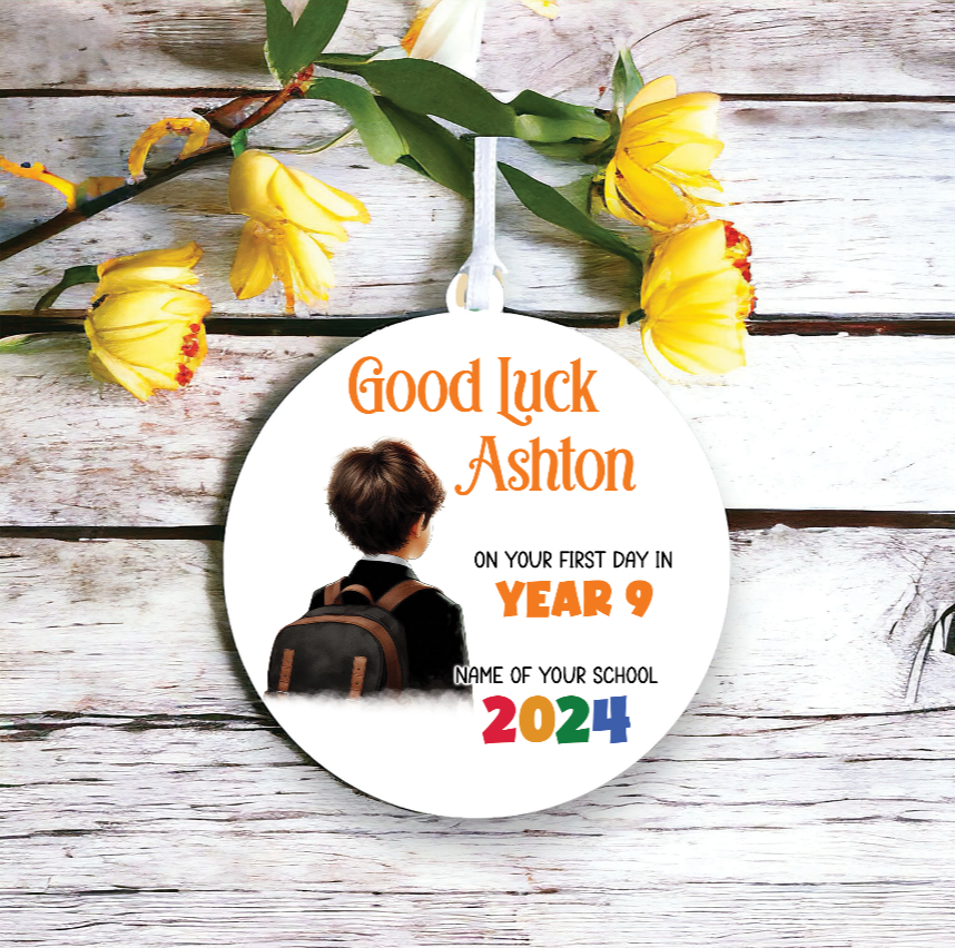 Personalised Back to School Good Luck Hanging Decoration with school child wearing backpack ready for first day of school - Keepsake Gift, by Floppsie Moppsie – floppsiemoppsie at floppsiemoppsie.co.uk