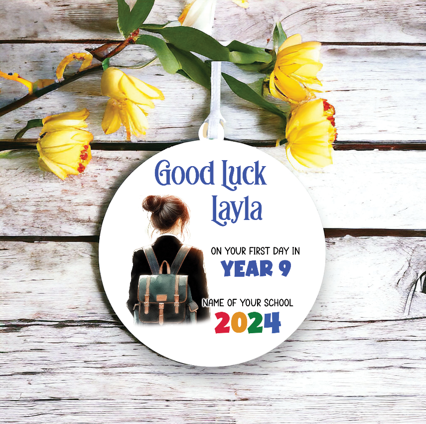 Personalised Back to School Good Luck Hanging Decoration with school child wearing backpack ready for first day of school - Keepsake Gift, by Floppsie Moppsie – floppsiemoppsie at floppsiemoppsie.co.uk